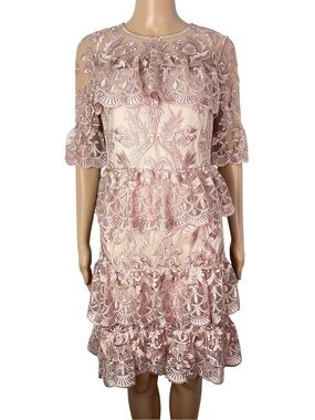Monique Lhuillier Embroidered Sheet Lace Ruffle Tiered Floral Midi Party Dress